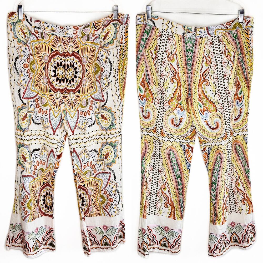 Zara Linen Blend Paisley Mandala Floral Print Wide Leg Ankle Flare Pants XXL - Picture 4 of 16
